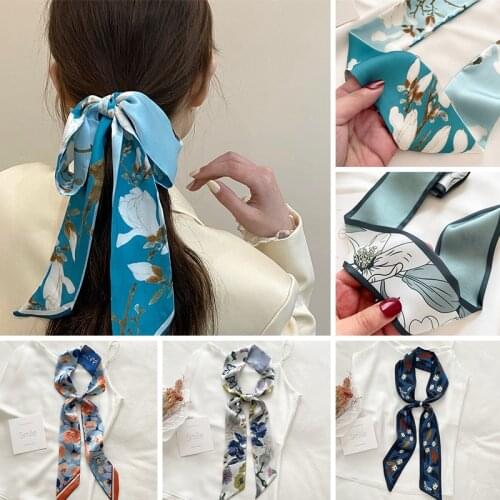 Flower Print Satin Headband For Hair Tie Head Scarf Women Accessories Silk Handkerchief Ladies Ribbon Kerchief For Girls Bandana
