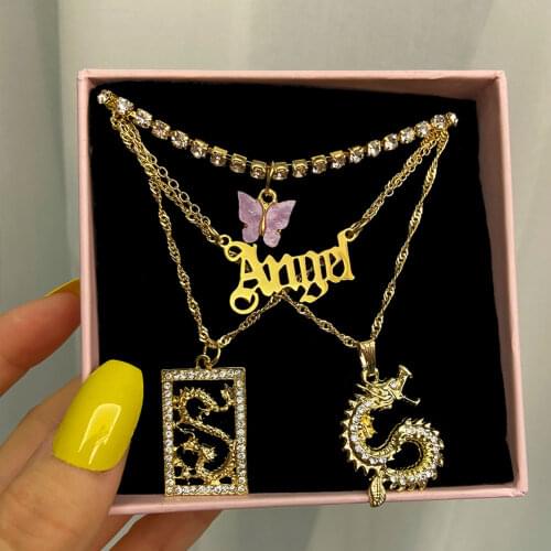 JUST FEEL Chinese Dragon Angel Pendant Necklace for Women Butterfly Crystal Chain Necklace Fashion New Multi Layer Jewelry Gift