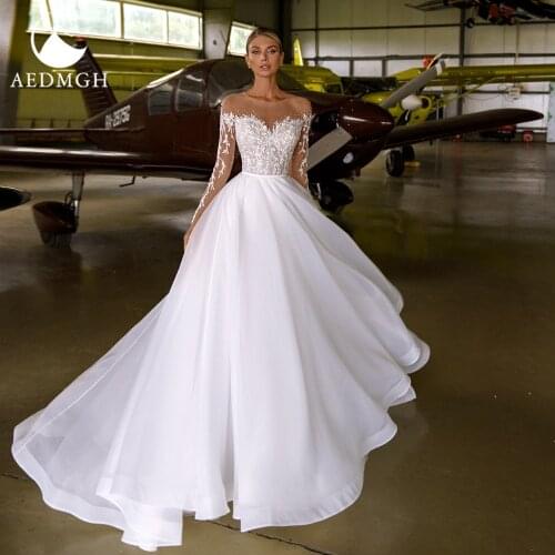 Aedmgh A-Line Beach Wedding Dresses 2021 O-Neck Long Sleeve Vestido De Novia Beaded Appliques Customized Tulle Robe De Mariee