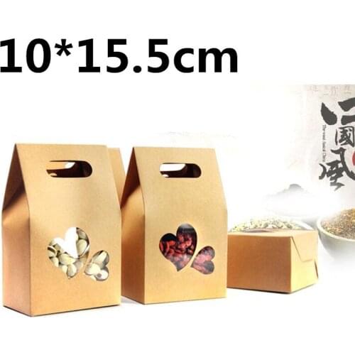 10*15.5cm 100pcs stand up Heart shape window brown kraft paper bags recyclable for wedding/Gift/Jewelry/Food/Candy Paper Box