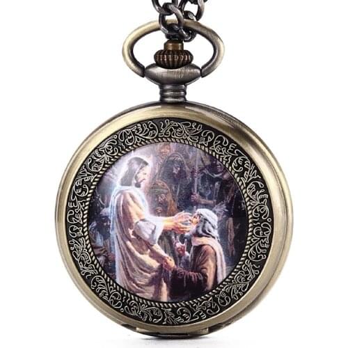 2020 Antique Bronze Christian Picture Quartz Pocket Watch Roma Numerals Necklace Fob Chain For Men Gifts Relogio De Bolso