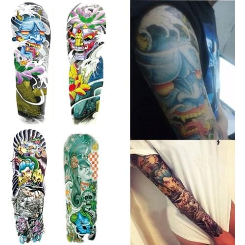 4 Pieces Fake Large Full Arm Temporary Tattoo Sticker Buddha Devil Lotus Flower Design Male Sleeve Body Art Tattoo Sticker