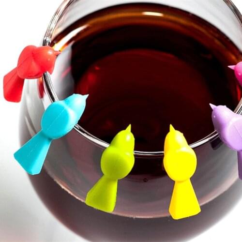6PCS Multicolor Bird Shape Wine Glass Markers Drinking Cup Identifier Sign Mark Food Grade Silicone Party Supplies Drink Charms