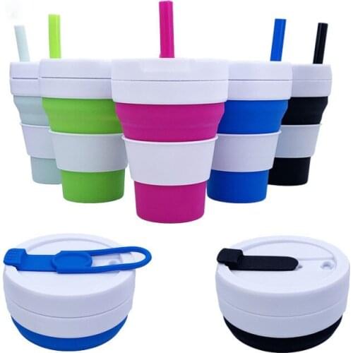 Water bottles silicone coffee cup collapsible water cup 475ml portable straw cup eco friendly Silicone portable straw cup