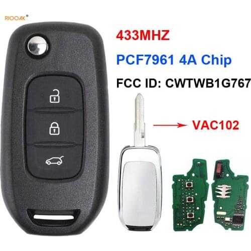 RIOOAK 3 Button Remote Key 433Mhz PCF7961 4A Chip FCCID: CWTWB1G767 for Renault Kadjar Captur Symbol Megane 3 2013 - 2017 VAC102