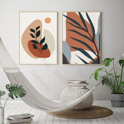Canvas Painting Wall Poster Watercolor Picture Irregular Geometric Patterns and Deep Green Leaves for Home Rooms Wall Decora