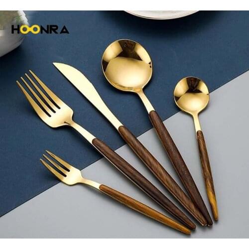 HOONRA 30Pcs Gold Stainless Steel Cutlery Set Portugal Cutipol GOA Flatware Tableware With Wooden Handle Metal Spoon Fork Knife