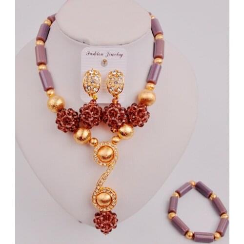 Graceful Dark Purple African Necklace Jewelry Set Women Nigerian Wedding Beads Set ZAQ6-09