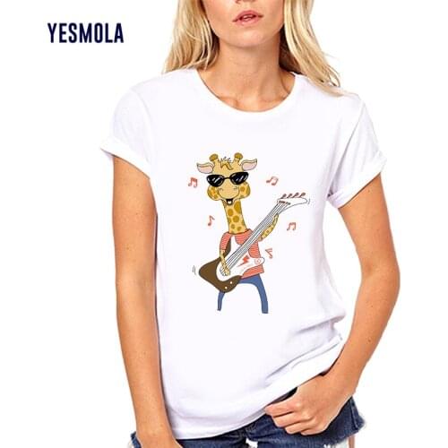 YESMOLA Summer Cute Giraffe Print Cartoon Giraffe Playing Guitar Casual Women T-shirt Harajuku Short-sleeved Vogue Loose Shirt