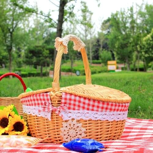 62KC Rattan Outdoor Picnic Basket Country Style Wicker Hamper with Lid and Handle Quality Liners Food Fruit Storage Carrying