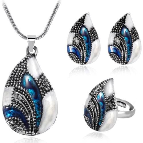 Fashion Retro Blue Jewelry Set Water Drop Styling Earrings Necklace Adjustable Ring Set 3 Piece Set for Womens Best Gift