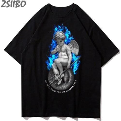 Harajuku Mens Hip Hop T Shirt Unisex Streetwear Retro Angel Print Short Sleeve Tshirt Loose HipHop T-shirt Oversize Cotton Tops