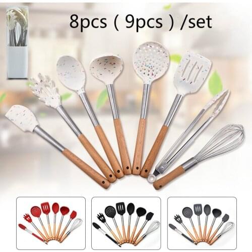High Quality 8(9)pcs Beech Handle Cooking Tool Set Spot Spoon Spatula Clip Egg Beater Kitchenware BBQ Tool with Storage Bucket