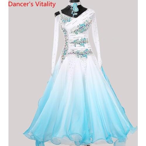 National Standard Dance Racing Outfits Rhinestone Bead Long Sleeve Dress Modern Waltz Ballroom Dancing Wear Performance Costume