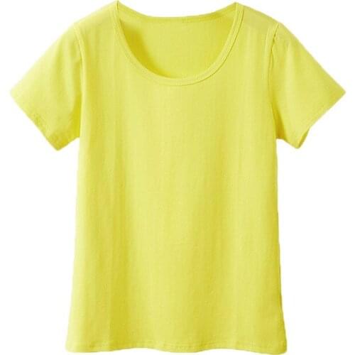 New Summer Womens T Shirt Pure Colour Large Round Neck High Elastic T-shirt for Female Cotton Short Sleeve Tops T-shirt