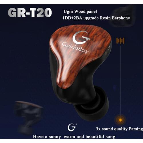 New GuideRay GR-T20 Dynami 2 Balanced Armature Ugin Wooden Panel DD + 2BA Mixed Bass Hifi Music Monitor Headphone 0.78mm eva bag