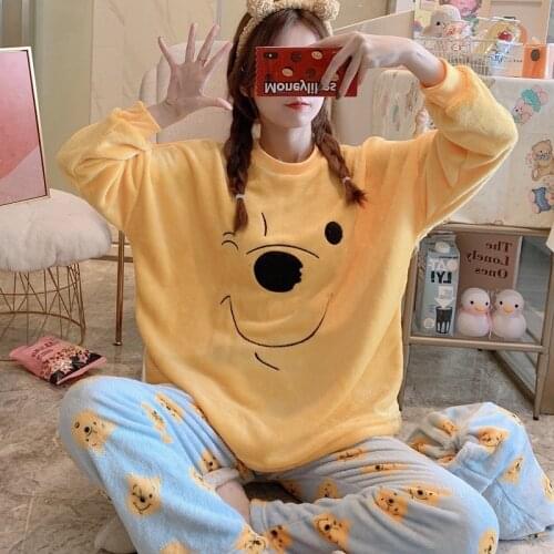 Disney cartoon Mickey Pooh Daisy autumn and winter thickened flannel pajamas round neck loose warm plus velvet home service suit