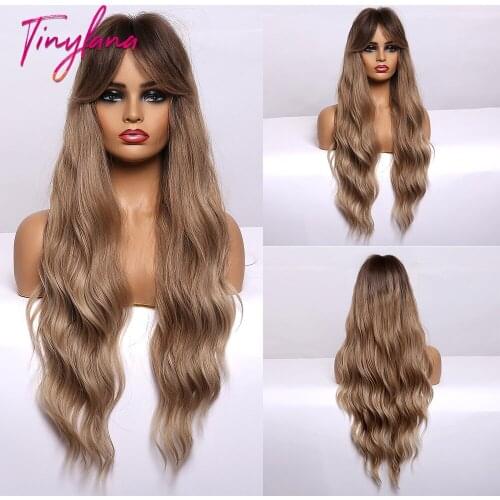 TINY LANA Long Body Wave Wigs with Side Bnags Ash Brown Blonde Synthetic Wigs for Black Women Cosplay Daily Party Heat Resistant