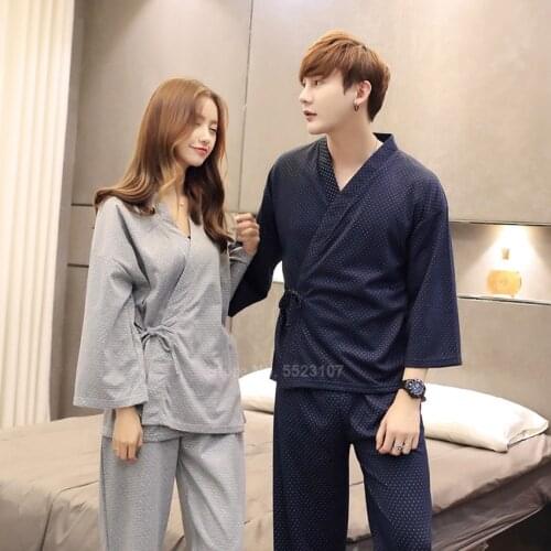 Japanese Style Couples Pajamas Set V-neck Kimono Yukata Samurai Man Women Cardigan Trousers Suit Sleepwear Comfortable