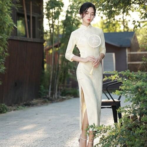 Spring Autumn Vestidos Improved Cheongsams Women Sexy Slim Split Chinese Dress Vintage Button Mandarin Collar Qipao Prom Gown