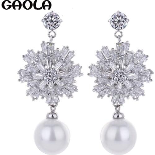 High Quality Elegant Snowflake Shape 925 Sterling Silver Earring Freshwater Pearl Dangle Earrings Crystal Jewelry GLE4869A