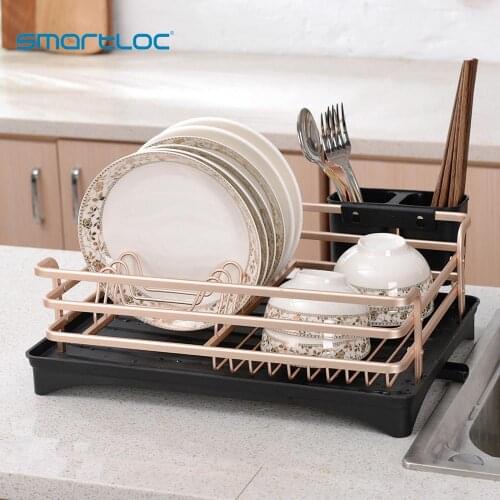 Smartloc 1 Tier Aluminium Alloy Dish Rack Kitchen Organizer Storage Drainer Drying Plate Shelf Sink Supply Knife Fork Container