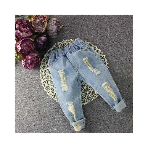 Spring denim pants unisex pant girl hole autumn trousers boys clothes light blue girls pants suit 2-7T children pant for boys