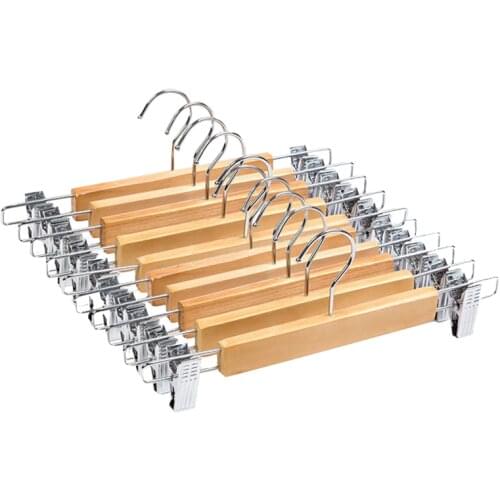 Wooden Skirt Hangers with Adjustable Clips (Pack of 5) Non-Slip Trouser Hanger Natural Finish Lotus Wood Pants hangers 360 Deg