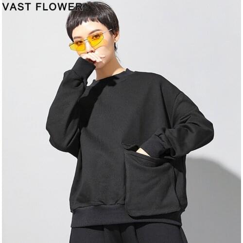 Women Big Pocket Black Long Sleeve T-Shirt Loose Casual 2021 Spring Autumn Plus Size Tshirt Tops Clothes Fashion Streetwear