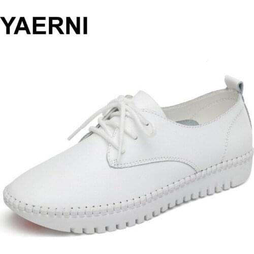 YAERNI Leather Flat Shoes For Women 2017 Spring Summer Fashion Casual White Loafers Shoes Round Toe Lace-up Muffin Female Shoes