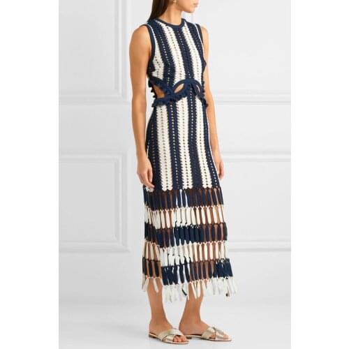 Tassel Slim Long Dresses Vestidos 2021 Women High Quality Designer Brand Runway Dresses Ladies Hollow Out Lace