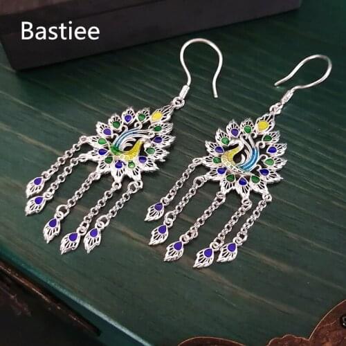 Bastiee Peacock 999 Sterling Silver Earrings For Women Ethnic Cloisonne Enamel Earring Vintage Luxury Jewelry Miao Handmade