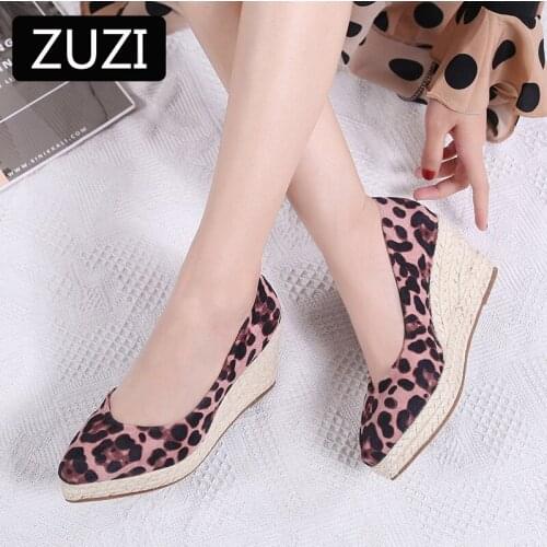 ZUZI 2021 Women 7cm Heel Leopard Flock Wedge Single Shoes Womens Platform Espadrilles Spring and Autumn New Sandals High Heels