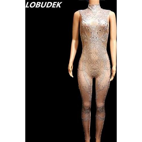 Female Sleeveless Elastic Leotard Rhinestones Jumpsuit Nightclub Bar Bling Costume Birthday Celebration Party Show Stage Outfits