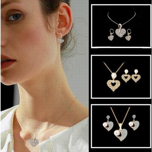 3 Styles New Pearl Necklace Earring Set Hollow Heart Diamond Two Piece Fashion Outdoor For Women Sweet Romantic Gifts
