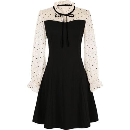 PERHAPS U White Black Heart Chiffon Patchwork Bow Ruffle Long Sleeve Stand Collar A Line Dress Elegant Mini Dress Female D1167