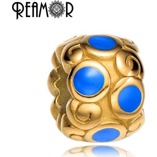 REAMOR Gold-color 316l Stainless steel Enamel Blue Beads European Large Hole Spacer Beads DIY Pan Style Bracelets