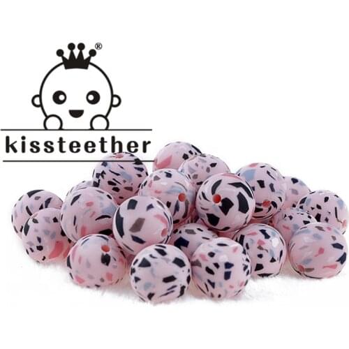 Kissteether 100PC Silicone Bead Food Grade Materials 15mm Teether Round Printing DIY Crafts Baby Teether Safe Rattle Beads