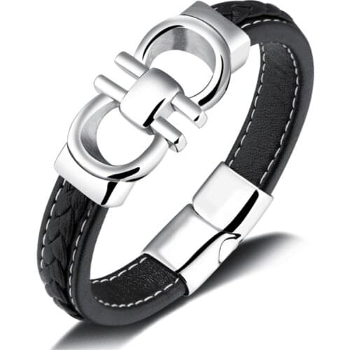 2021 Mens Bracelet Punk Fashion Bowknot Stainless Steel Bracelet Genuine Leather Bracelet Mens Antique Jewelry Birthday Gift