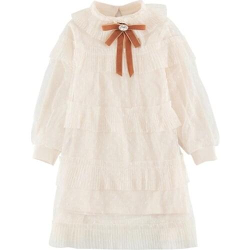 2021 Spring Girls Lace Pleated Dress Children White Pink Princess Dresses Sweet Long-Sleeved For Kids 4 5 6 8 10 12 Years Old