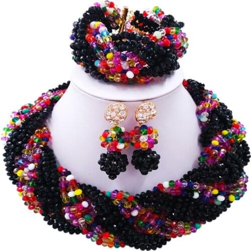 ACZUV Black and Multicolor Nigerian Beads Jewelry Set African Wedding Necklace 12C-006