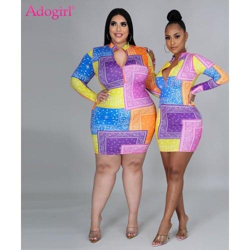 Adogirl 2021Bandana Print Bodycon Zip Mini Dress Plus Size S-5XL V Neck Long Sleeve Skinny Vestidos Night Club Wear Casual Robes