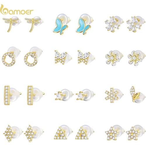 BAMOER Gold Plated 925 Sterling Silver Stud Earrings for Women Piercing Cartilage Earring Minimalist Small Cute Earrings Jewelry