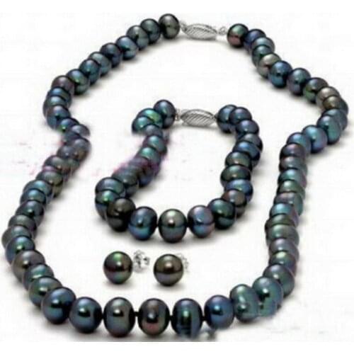 Free Shipping 9-10mm Real Black Pearl 18KWGP Clasp Necklace Bracelet Earrings Set