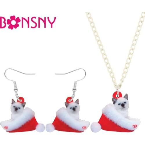 Bonsny Acrylic Christmas Hat Siamese Cat Kitten Jewelry Sets Necklace Earrings Animal Jewelry For Women Girls Teens Charms Gift