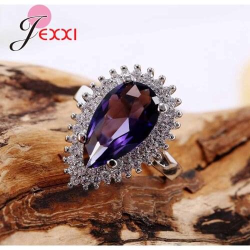 Women Luxury Purple Water Drop Austrian Crystal Wedding Engagement Rings Accessory Fashion 925 Sterling Silver Ring Gift