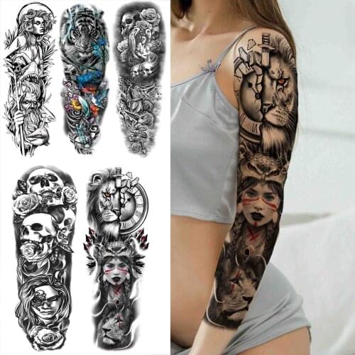 Indian Witch Lion Temporary Tattoos Sleeve For Women Men Fake Skull Rose Tiger Tattoo Sticker Disposable Full Arm Tatoos Large