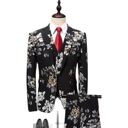 New version of the three-piece suit, trendy male print, Korean version of the host performance dress, groom nightclub 2021