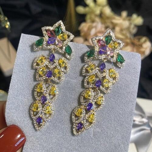 Colorful Tassel Flower Star Earrings 2021 Trend Yellow Crystal Cubic Zircon For Women Queen Jewelry Charms Wholesale