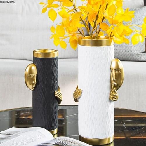 Creative Golden Face Vase Black and White Resin Figure Art Flower Arrangement Living Room Handicraft Flower Vase Home Decoration